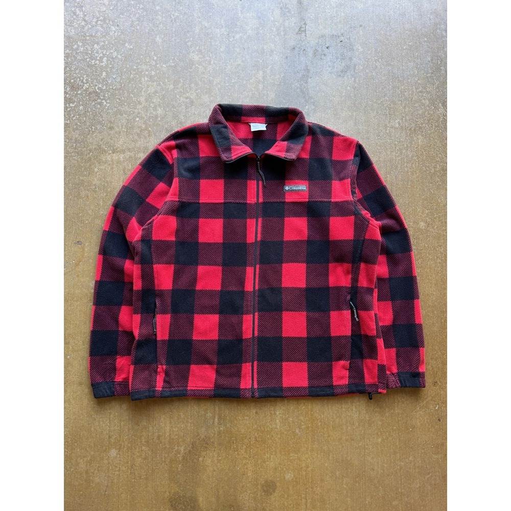 Columbia Red & Black Buffalo Plaid Zip Up Light Fleece Jacket Mens XL